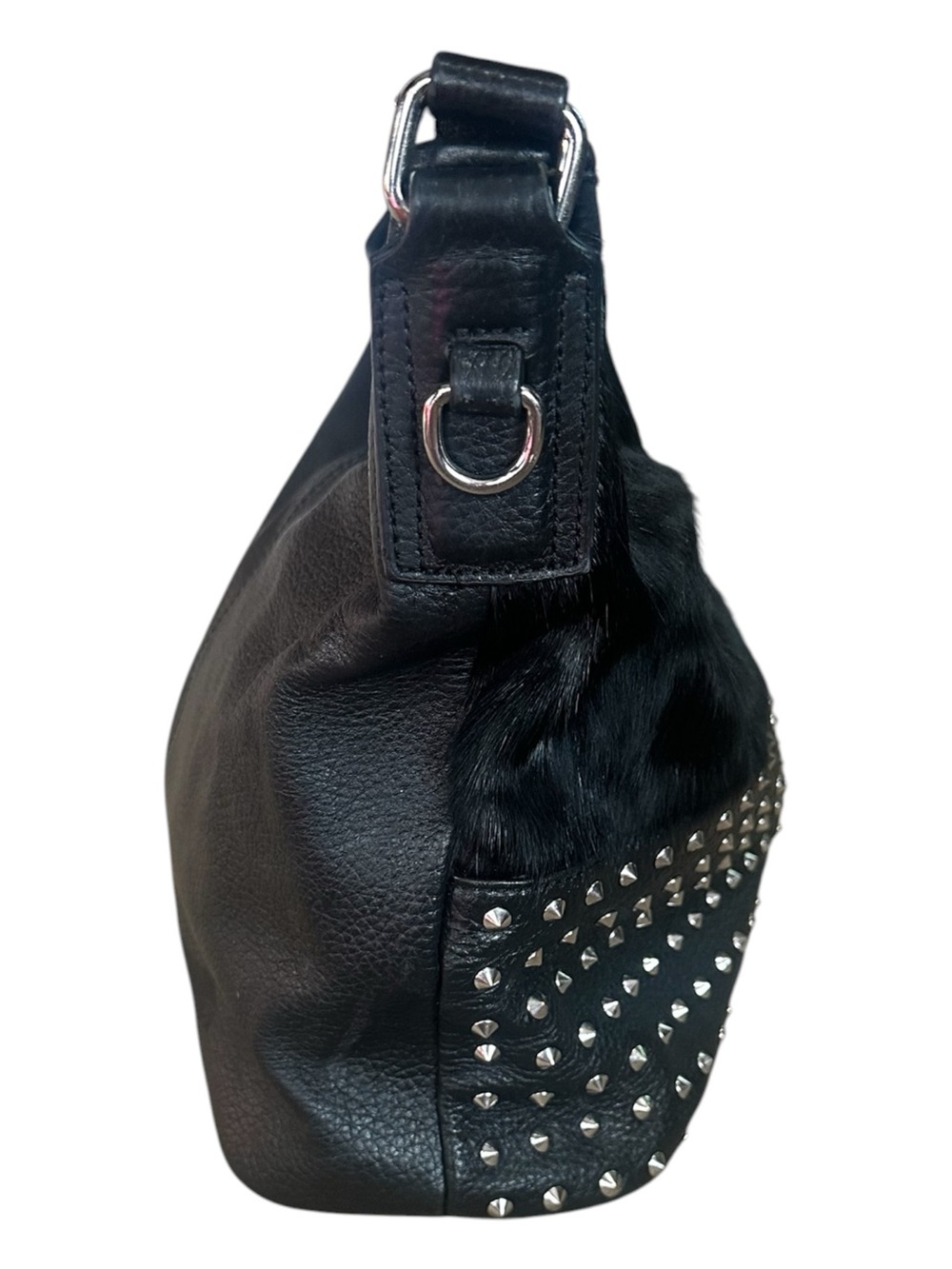 Aqua Madonna Calf Hair Stud Detail Black Leather Hobo Bag Purse - Picture 6 of 10